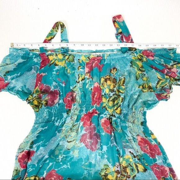 American Rag Off the Shoulder Floral Blouse Size Small Teal Green Blue - Picture 6 of 7